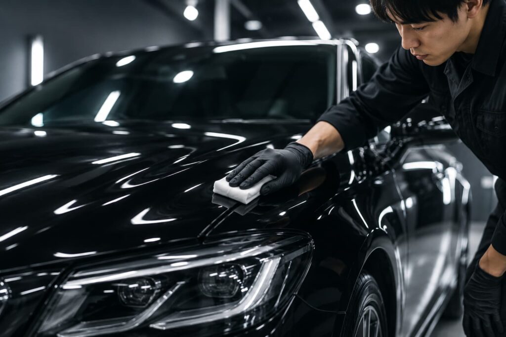黒い車のボディにガラスコーティングを施工するスタッフ